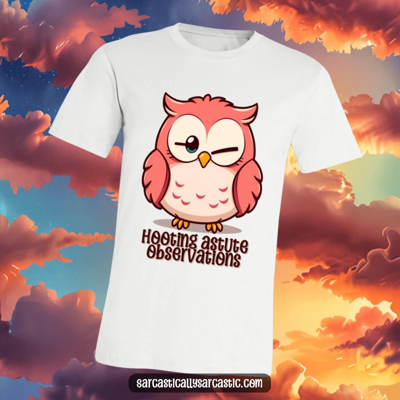 Funny owl t-shirt with one eye partially closed, looking knowingly, conveying great wisdom and humor.