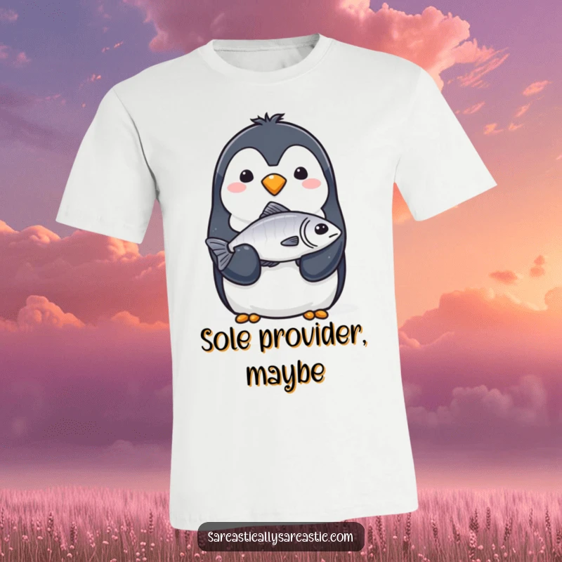 Funny T-Shirt: A penguin with a completely straight face solemnly offers a single, slightly limp fish with its flipper.