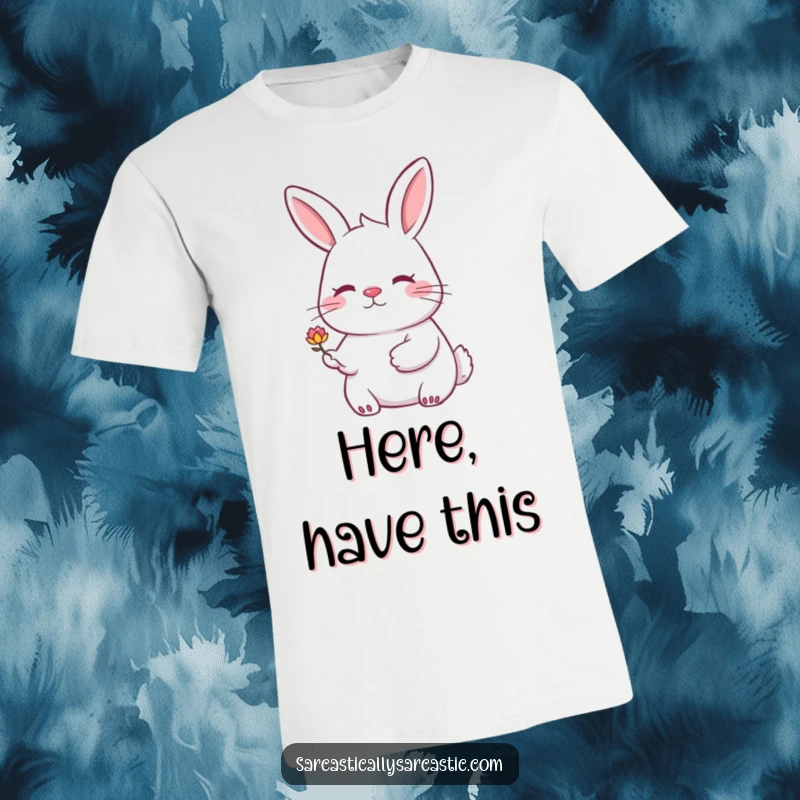 Funny rabbit t-shirt with a knowing smile offering a wilting flower. A unique and humorous design.