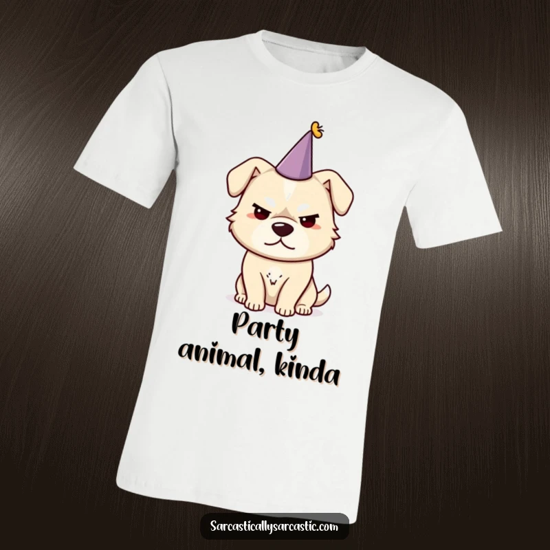 Funny dog t-shirt depicting a dog with a sarcastic smirk and a tiny party hat, exuding playful sass.