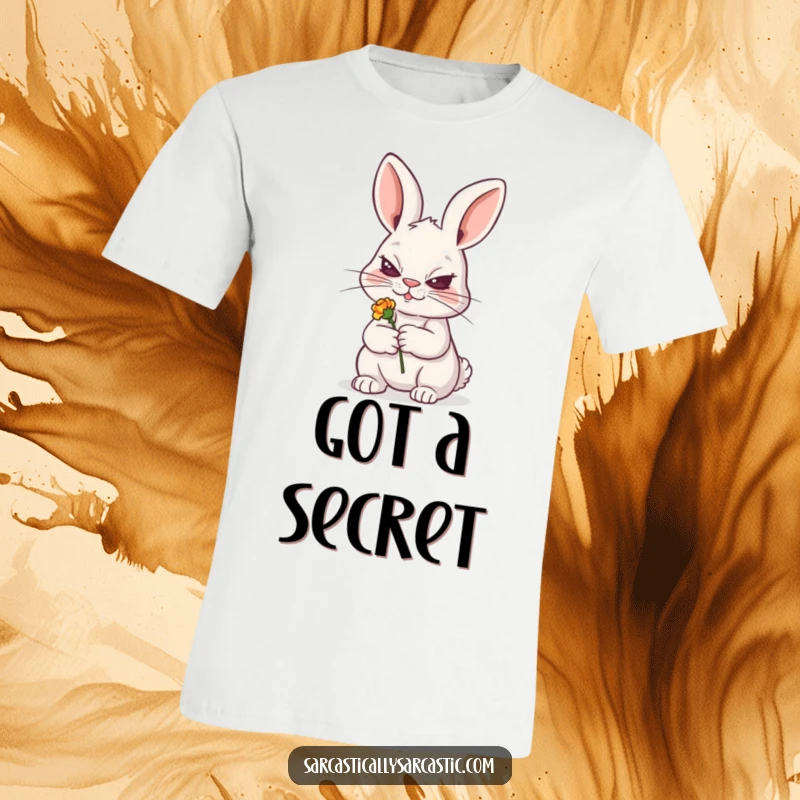 Funny t-shirt with a sly rabbit grinning while holding a tiny, wilted flower, a symbol of cheeky mischief, a funny gift.
