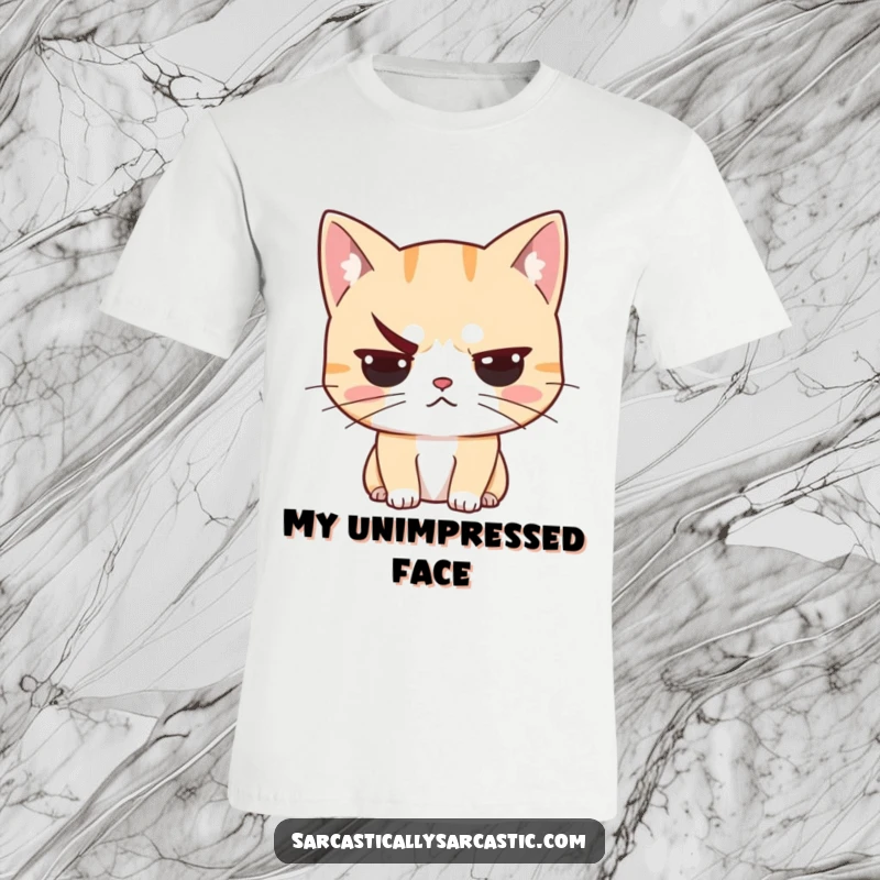 Funny unimpressed cat t-shirt showcasing a feline with a raised eyebrow, expressing extreme skepticism and a lack of amusement.