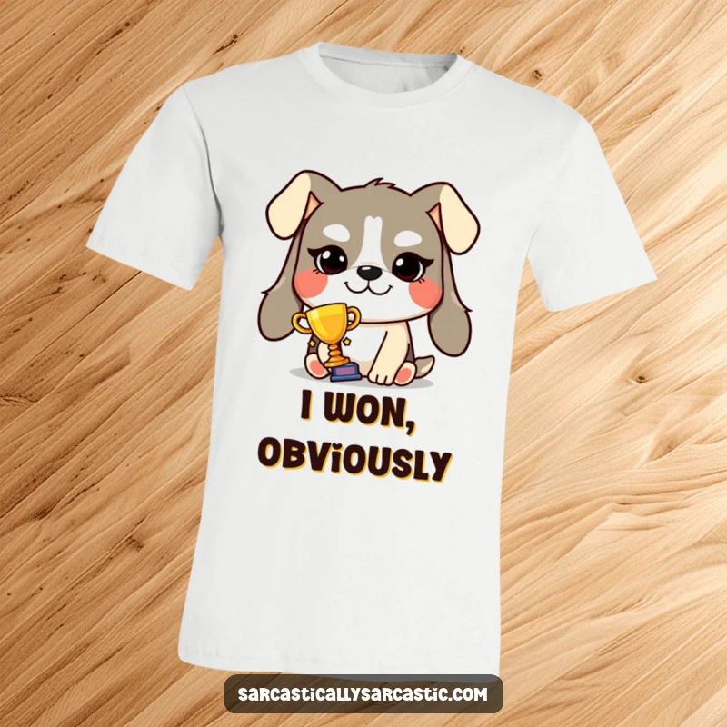 Funny smug dog t-shirt showcasing a grinning dog proudly holding a tiny trophy, celebrating achievements with playful arrogance.