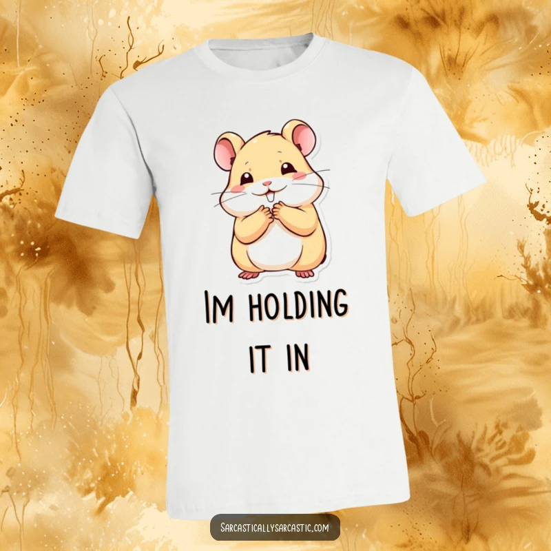Funny kawaii hamster t-shirt with a paw held to its mouth, stifling a smile, perfect for a cute and funny gift.