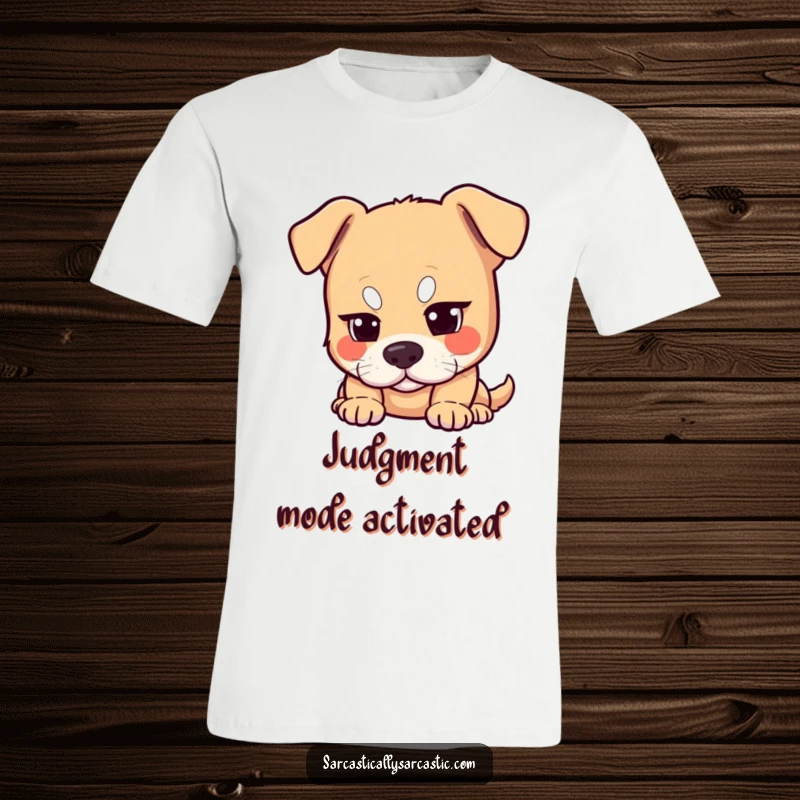 Funny dog t-shirt with a dog raising one eyebrow in a knowing, amused expression. Great gift for pet owners.
