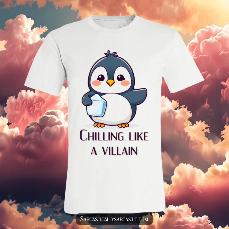 Funny t-shirt featuring a cute kawaii penguin character with a tiny smirk, holding a single ice cube.