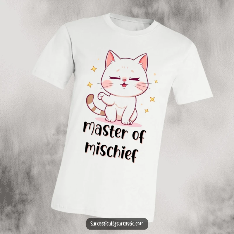 Funny t-shirt with a mischievous cat winking and juggling sparkly objects, showcasing playful fun.