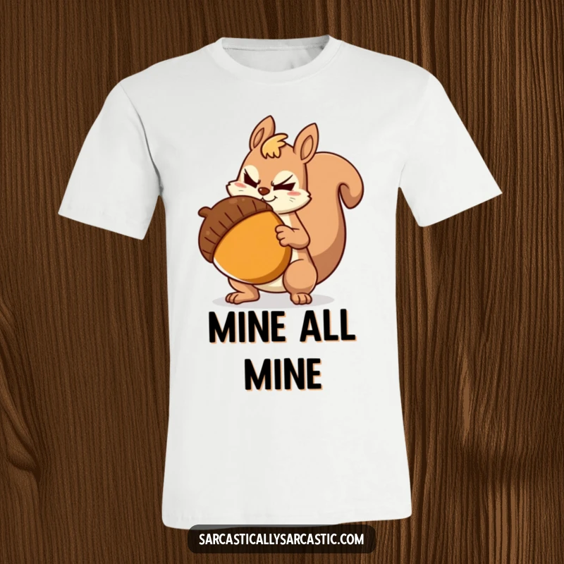 Funny T-Shirt: Sarcastic squirrel with a smirk, clutching a huge acorn, conveying a humorous attitude of smug satisfaction.