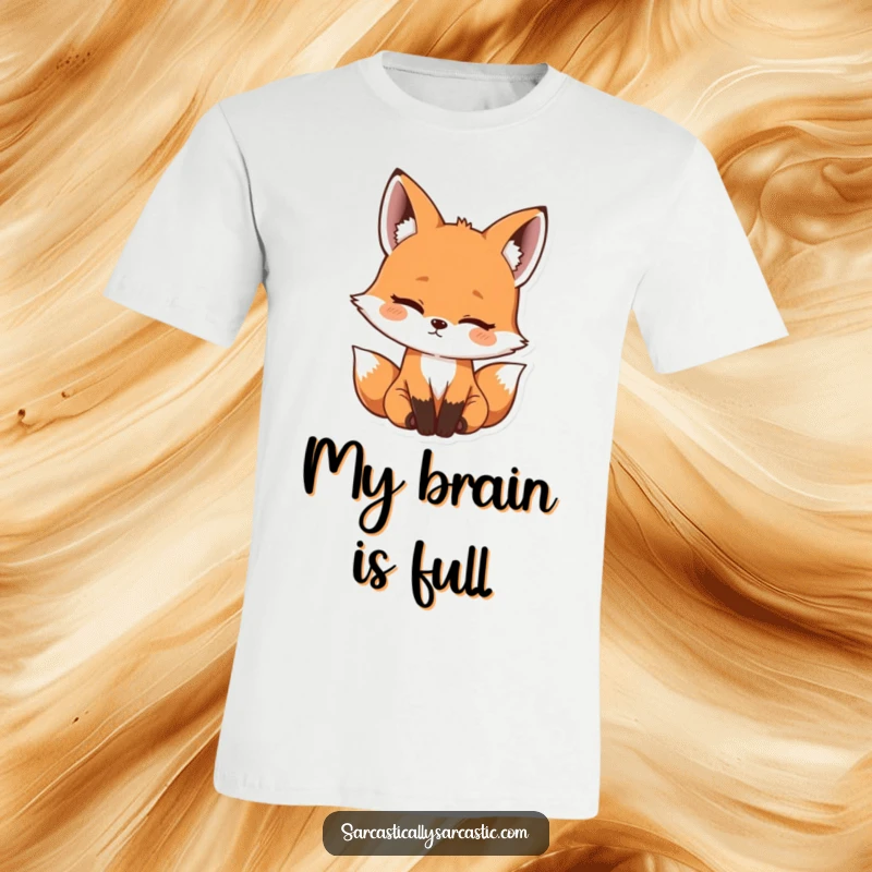 Funny kawaii fox t-shirt with a playful head tilt conveying curiosity and slight amusement, a hilarious gift idea.