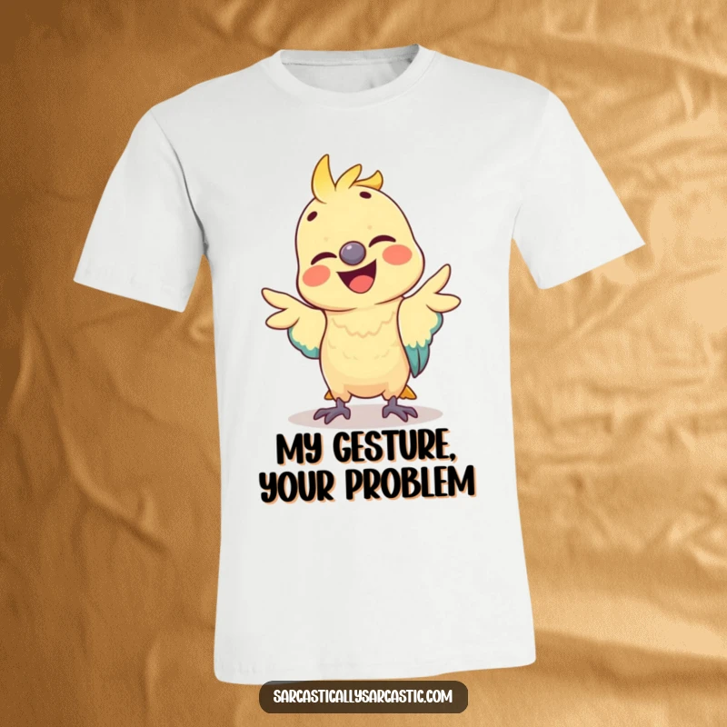 Funny parrot t-shirt featuring a cheerful bird performing a silly, mimicked gesture, ideal for expressing playful humor and personality.