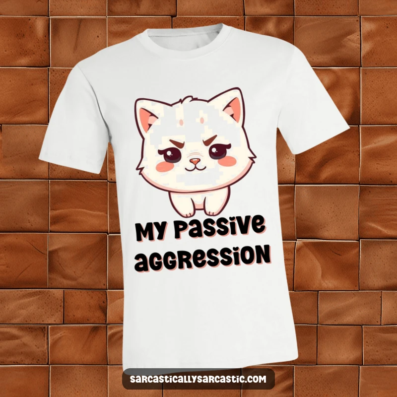 Funny kawaii cat t-shirt depicting a smug character with a raised eyebrow and a mischievous smirk, perfect for casual wear.