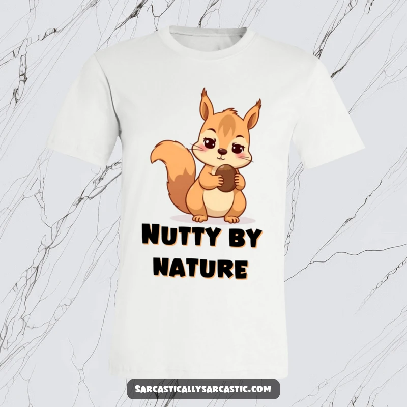 Funny squirrel t-shirt featuring a squirrel clutching a nut with a suspicious, skeptical expression towards another.