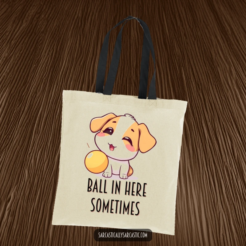 Funny dog tote bag featuring a playful eye-roll at a falling ball, displaying a humorous and relatable scene for dog owners.