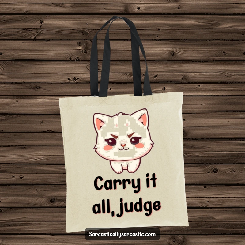 Funny kawaii cat tote bag with a sassy character sporting a raised eyebrow and a smirk, ideal for shoppers who love humor.