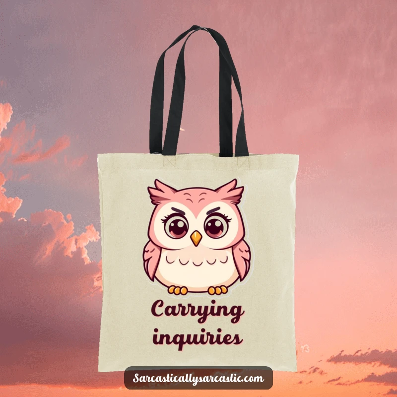 Funny tote bag with a curious owl character tilting its head, great for carrying books and essentials.