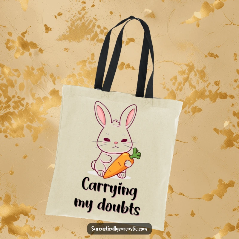 Funny Rabbit Tote Bag: A rabbit raises an eyebrow skeptically at a carrot, a humorous carry-all.