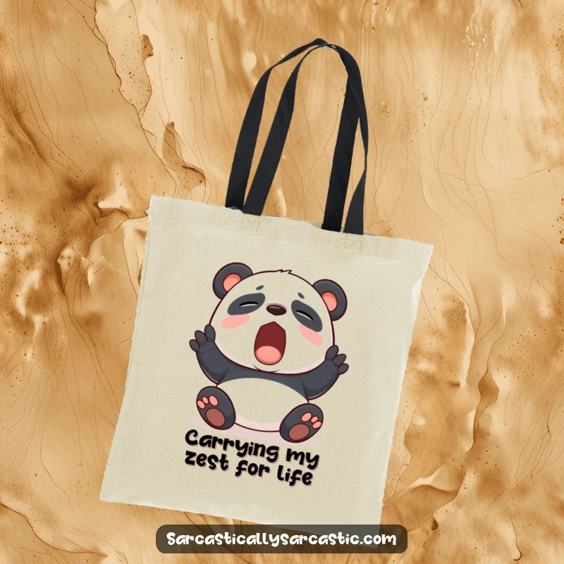Funny panda yawning with feigned boredom on a reusable tote bag, showcasing humorous exhaustion and practicality.