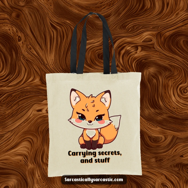 Funny tote bag featuring a sly fox with a mischievous grin and wagging tail, perfect for carrying items with a playful and clever flair.