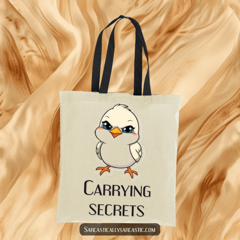 Funny tote bag featuring a bird with a tilted head and a knowing, sly smile, perfect for carrying secrets.