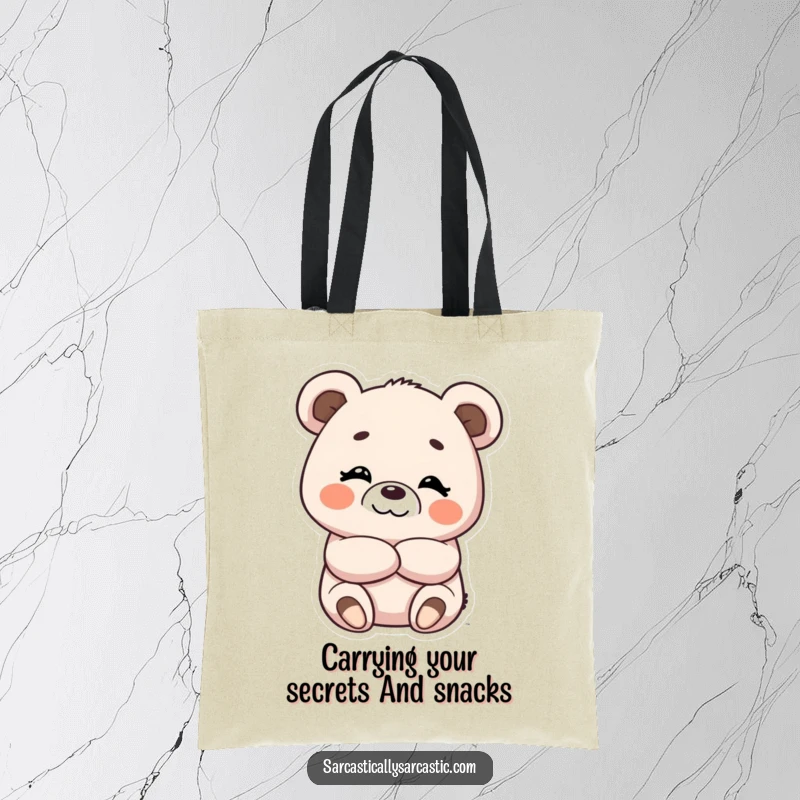 Funny tote bag showcasing a sweet kawaii bear with arms crossed and a knowing, amused smirk.