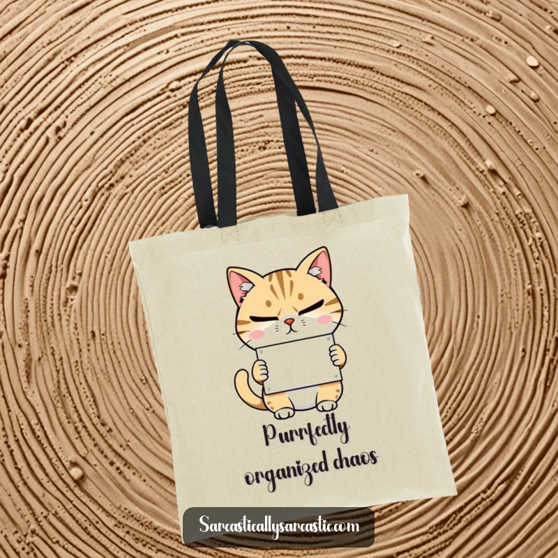 Funny tote bag showcasing a smirking cat with narrowed eyes, holding a miniature sign with a humorous message.
