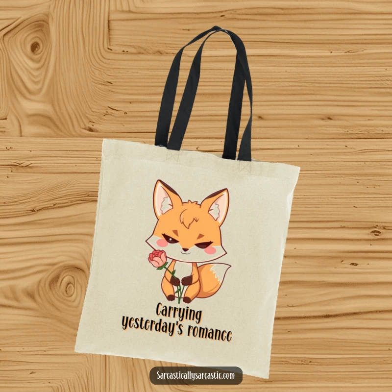 Funny tote bag featuring a sly fox embracing humor with a grin and a wilted flower, great for shopping.
