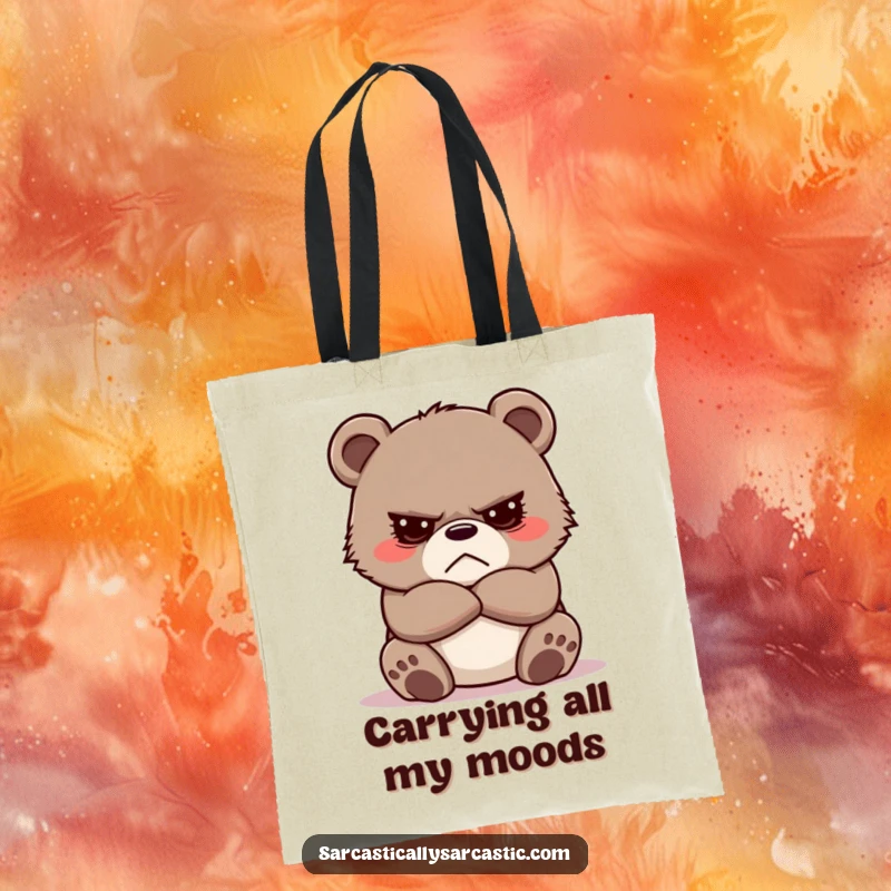 Funny Grumpy Bear Cub Tote Bag, featuring a cute cub with crossed arms, perfect for grocery runs or daily commutes with attitude.