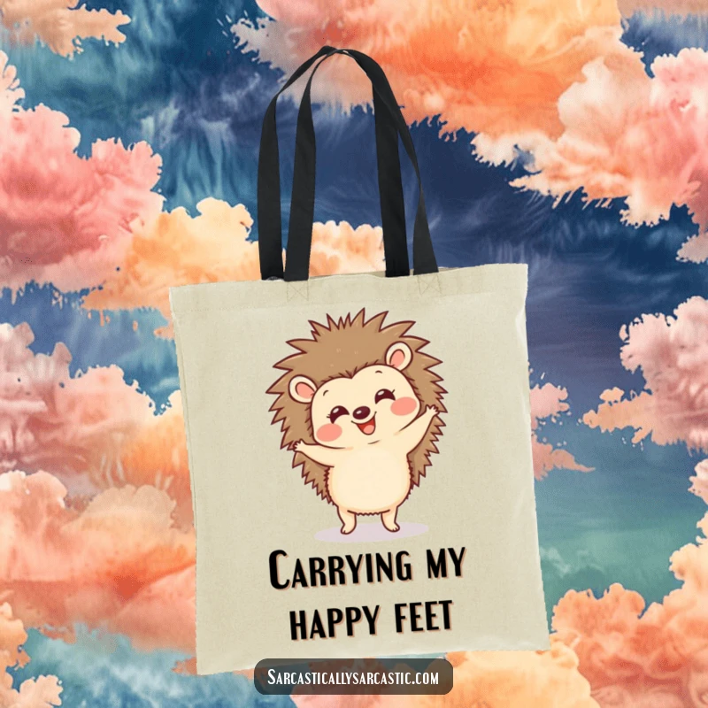 Funny hedgehog tote bag with a happy, spiky animal doing a comical dance, perfect for carrying items with joy and humor.
