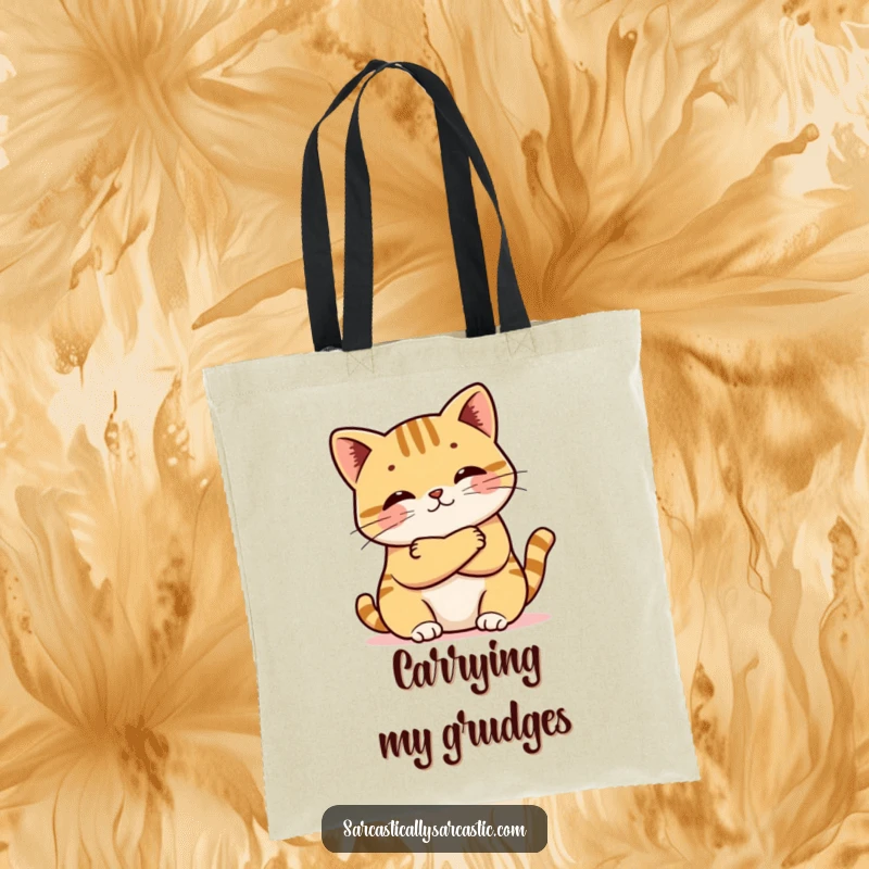 Funny tote bag featuring a kawaii cat defiantly crossing its arms with a tiny pout, ideal for carrying essentials with humorous attitude.