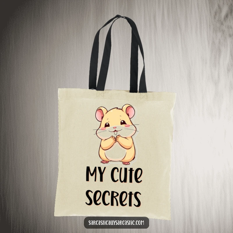 Funny kawaii hamster tote bag with a paw to mouth, stifling a smile, perfect for a cute and funny gift.