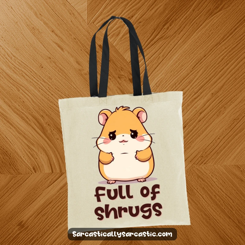 Funny Kawaii Hamster Tote Bag: A cute hamster shrugs with a funny, deadpan expression, great for carrying essentials with humor.