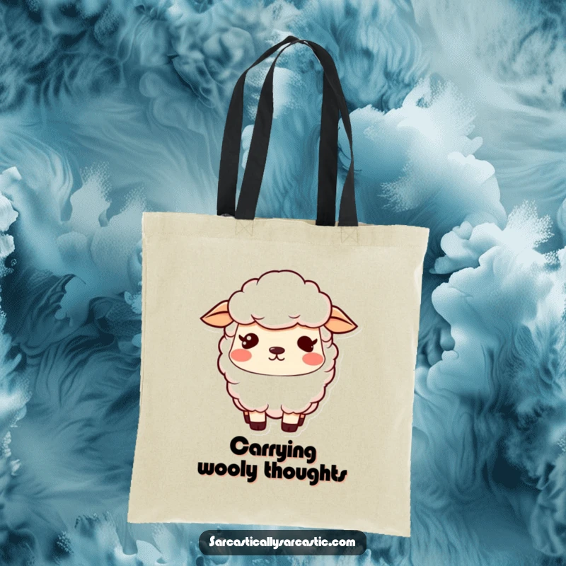 Funny kawaii sheep tote bag with a vacant stare and a slight smirk, perfect for a quirky and funny gift.