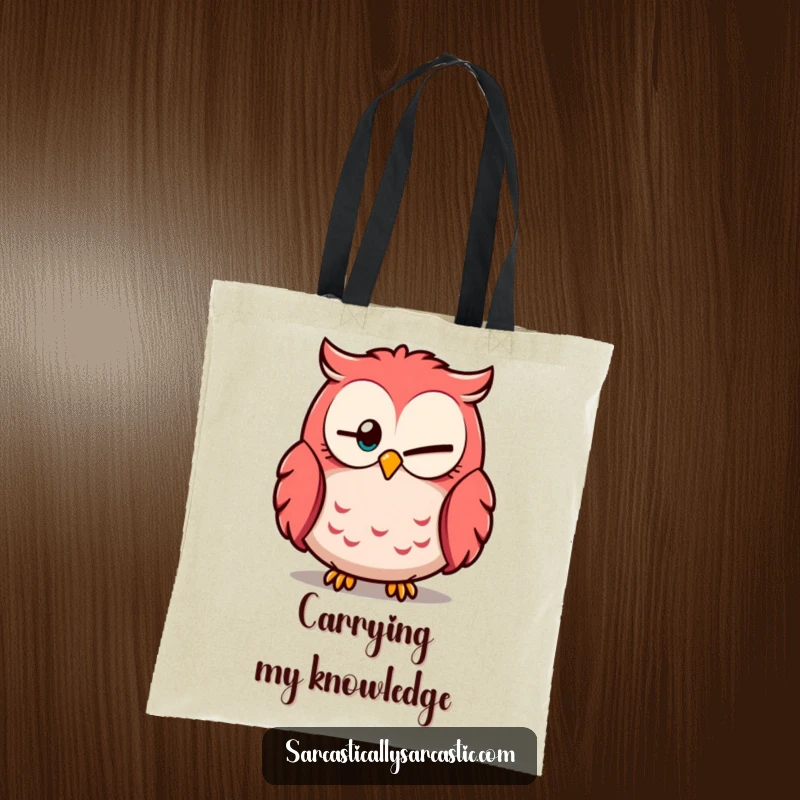 Funny owl tote bag with one eye partially closed, looking knowingly, perfect for carrying knowledge and essentials.