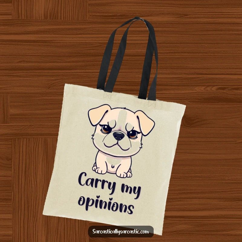 Funny tote bag with a sarcastic dog giving a raised eyebrow and smirk, perfect for witty shoppers, a funny gift.
