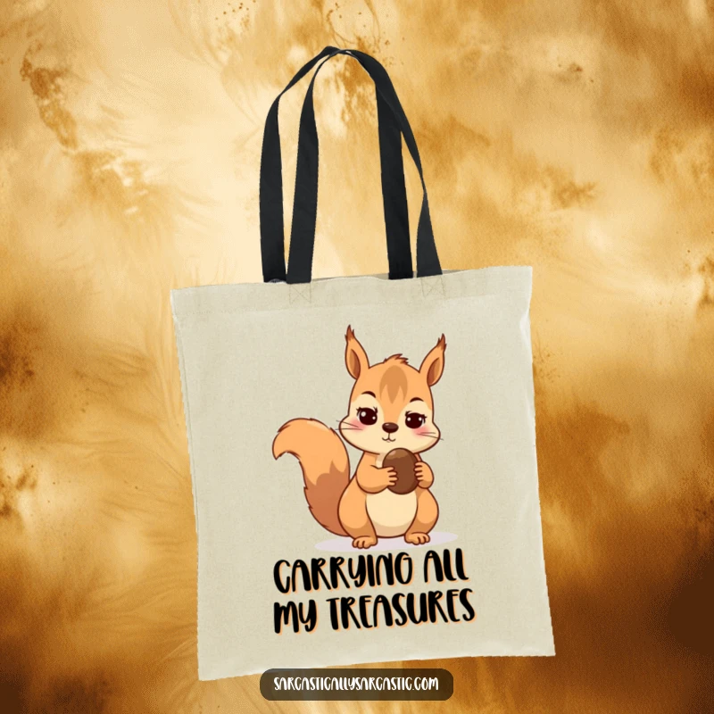 Funny tote bag depicting a skeptical squirrel protecting its nut with a suspicious look.