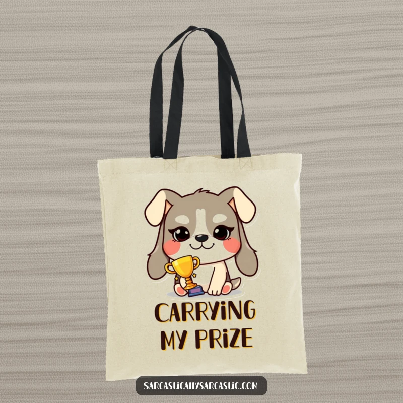 Funny smug dog trophy tote bag with a grinning dog holding a tiny trophy, perfect for carrying essentials with a celebratory attitude.