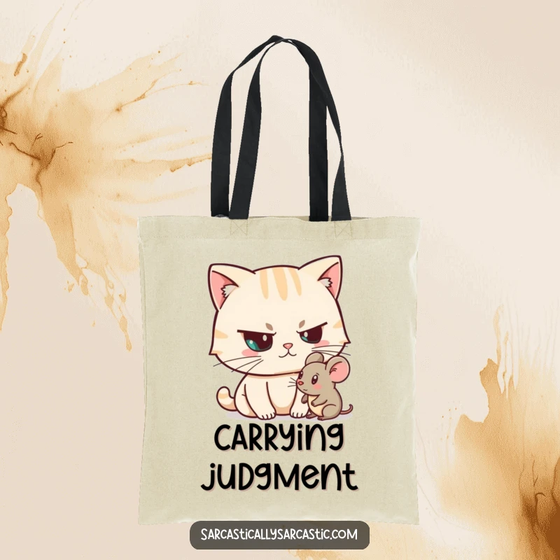 Funny Unimpressed Cat Tote Bag displaying a unimpressed cat character with a skeptical eyebrow over a toy mouse, a chic funny gift.
