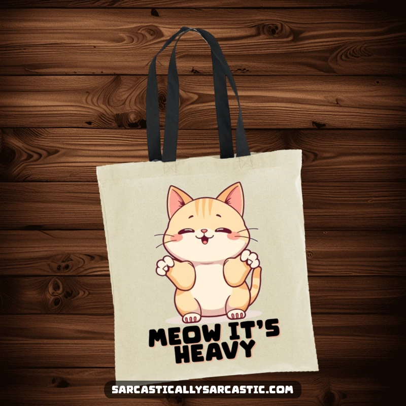 Funny tote bag with a kawaii cat innocently shrugging its front paws, a humorous and practical accessory.