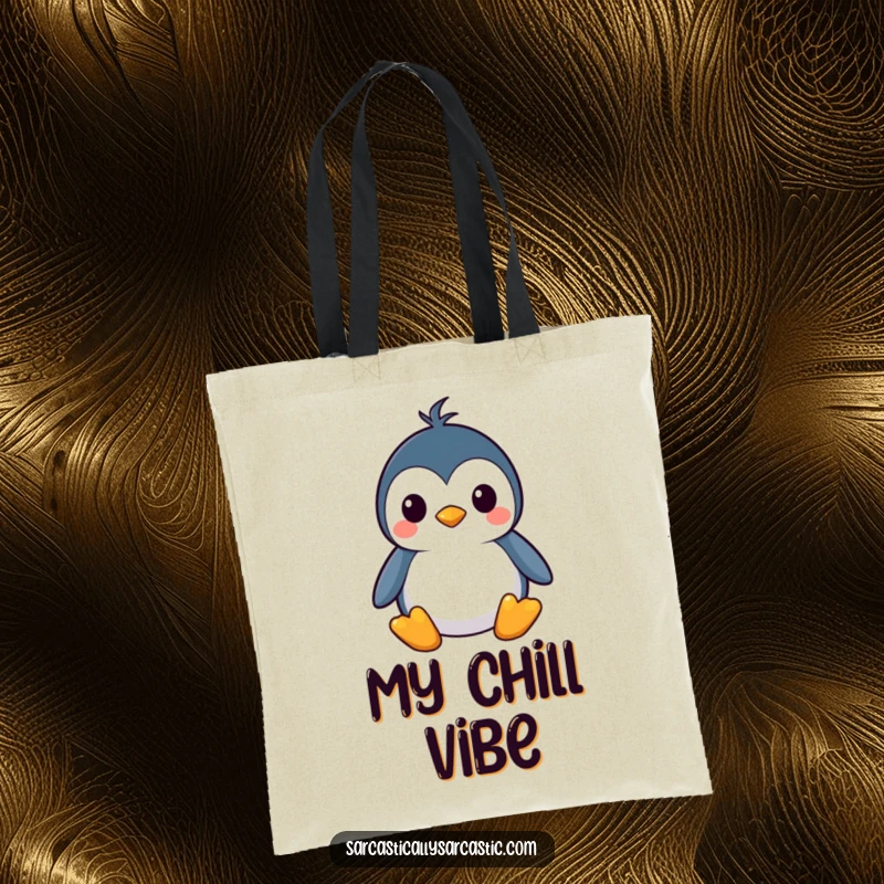 Funny kawaii penguin tote bag with a deadpan, straight face, perfect for a stylishly funny gift.