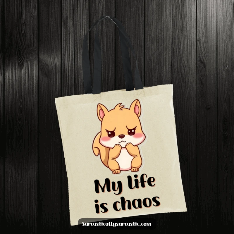 Funny unimpressed kawaii squirrel tote bag, character clutching cheeks with a bored expression, practical and stylish.